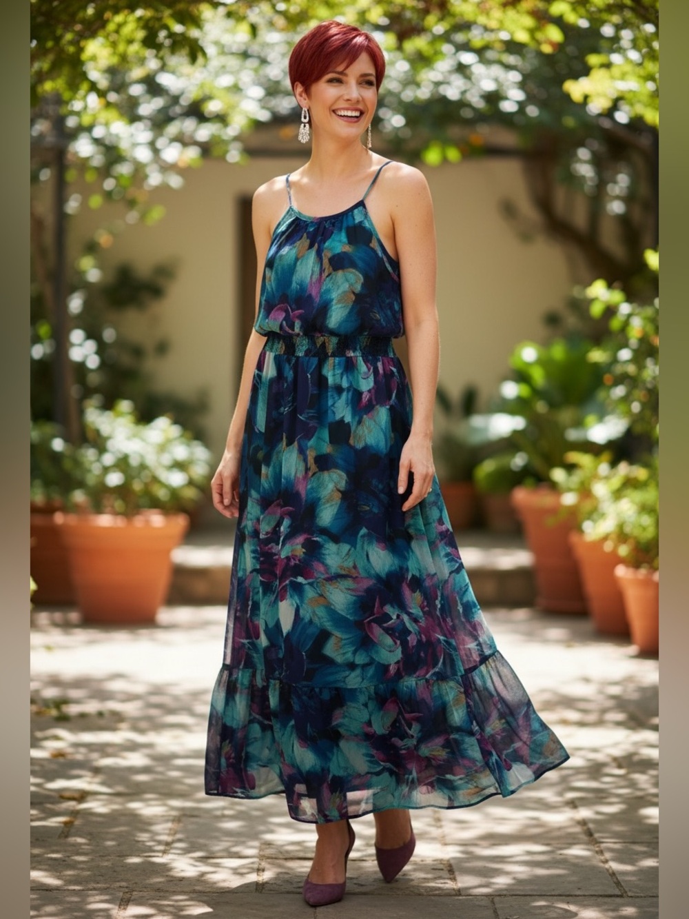 a.n.a Teal & Navy Floral Maxi Dress with Spaghetti Straps Size M